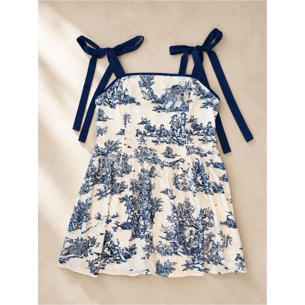 SHEIN Curve 1XL Blue White Toile de Jouy Cottagecore Babydoll Mini Dress